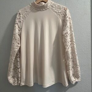 Susan Graver Cream Mock Neck Long Sleeve Lace Blouse Size Medium